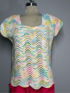 Pastel Multicolor Crochet Wave Knit Top - Women's Blouse